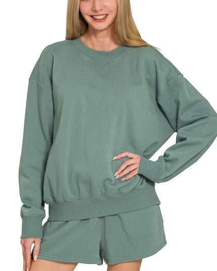Zenana Fleece Long Sleeve Sweatshirts & Shorts Set - Trendsi