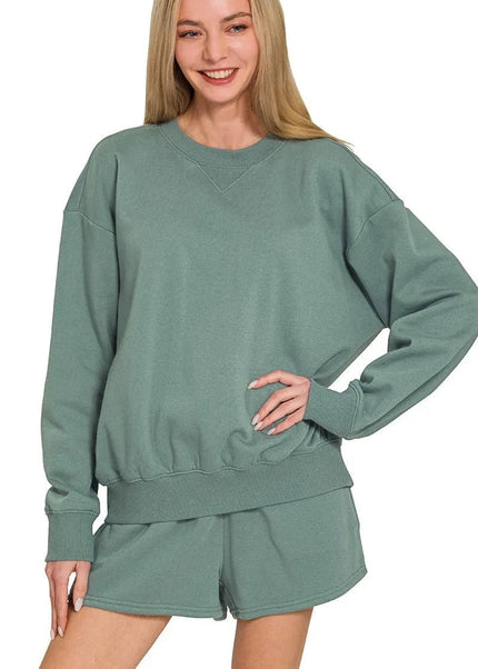 Zenana Fleece Long Sleeve Sweatshirts & Shorts Set - Trendsi