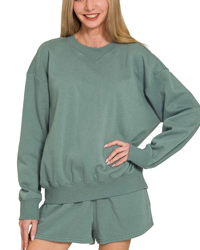 Zenana Fleece Long Sleeve Sweatshirts & Shorts Set - Trendsi