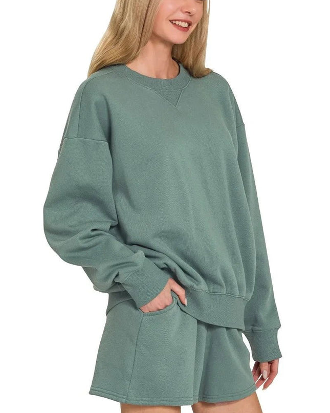 Zenana Fleece Long Sleeve Sweatshirts & Shorts Set - Trendsi
