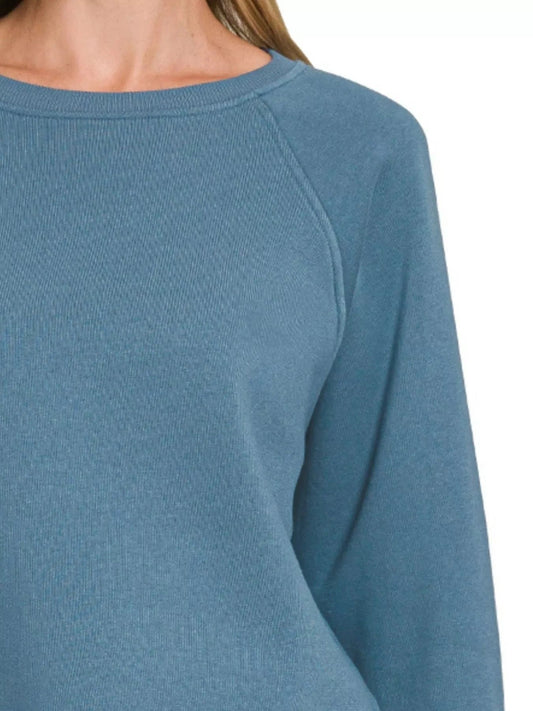 Zenana Fleece Raglan Round - Neck Sweatshirt - Trendsi