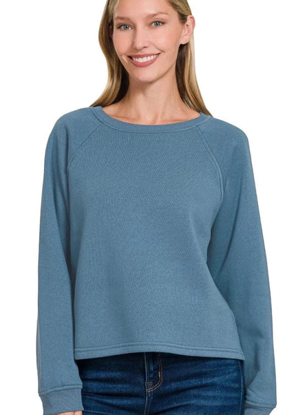 Zenana Fleece Raglan Round - Neck Sweatshirt - Trendsi