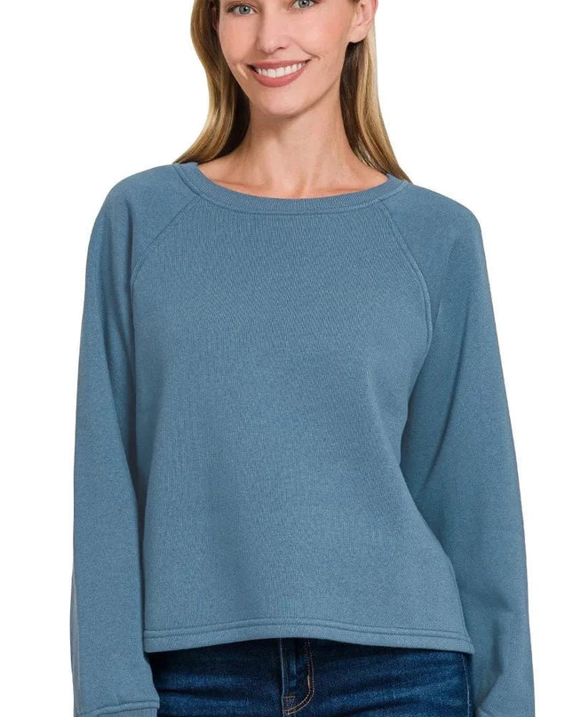 Zenana Fleece Raglan Round - Neck Sweatshirt - Trendsi