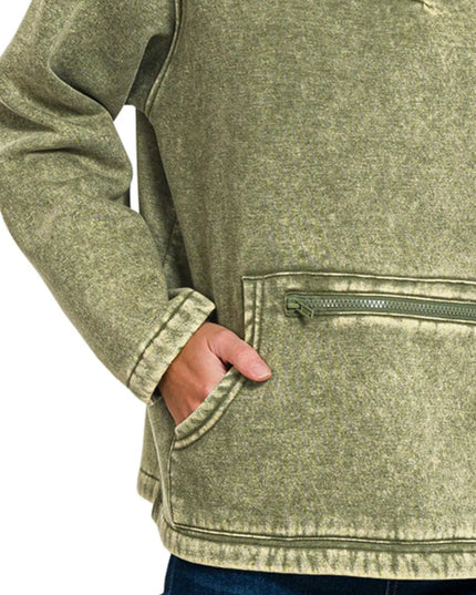 Zenana Fleece Washed High Neck Kangaroo Pocket Sweatshirt - Trendsi