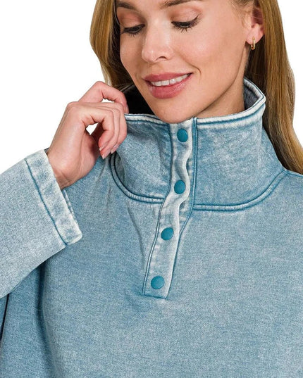 Zenana Fleece Washed High Neck Kangaroo Pocket Sweatshirt - Trendsi