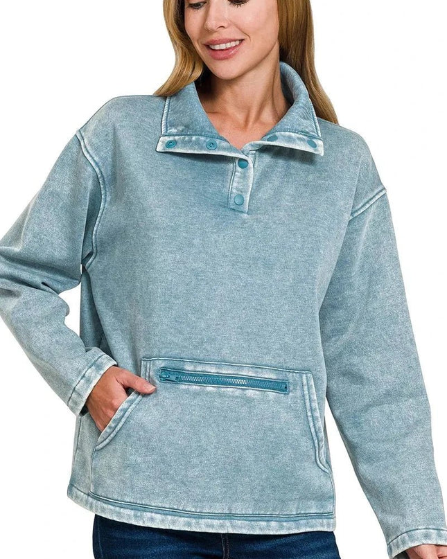 Zenana Fleece Washed High Neck Kangaroo Pocket Sweatshirt - Trendsi