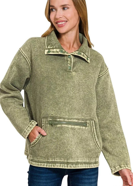 Zenana Fleece Washed High Neck Kangaroo Pocket Sweatshirt - Trendsi