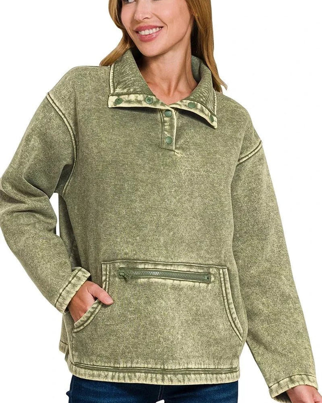 Zenana Fleece Washed High Neck Kangaroo Pocket Sweatshirt - Trendsi