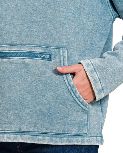 Zenana Fleece Washed High Neck Kangaroo Pocket Sweatshirt - Trendsi