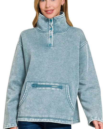Zenana Fleece Washed High Neck Kangaroo Pocket Sweatshirt - Trendsi