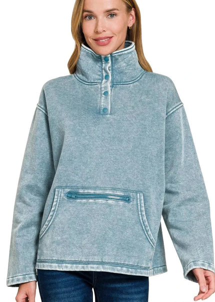 Zenana Fleece Washed High Neck Kangaroo Pocket Sweatshirt - Trendsi