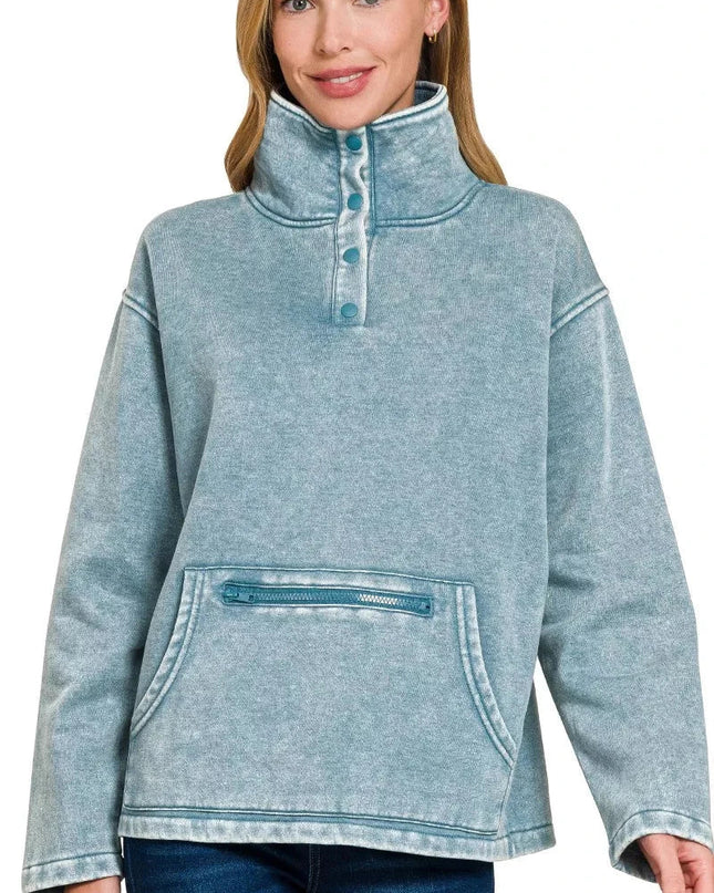 Zenana Fleece Washed High Neck Kangaroo Pocket Sweatshirt - Trendsi