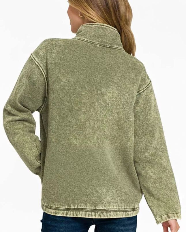 Zenana Fleece Washed High Neck Kangaroo Pocket Sweatshirt - Trendsi