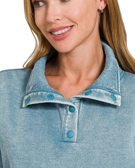 Zenana Fleece Washed High Neck Kangaroo Pocket Sweatshirt - Trendsi