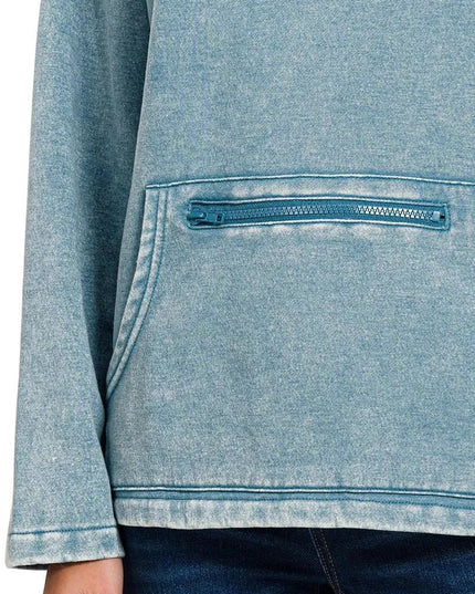 Zenana Fleece Washed High Neck Kangaroo Pocket Sweatshirt - Trendsi