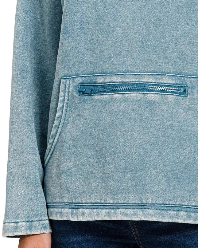Zenana Fleece Washed High Neck Kangaroo Pocket Sweatshirt - Trendsi