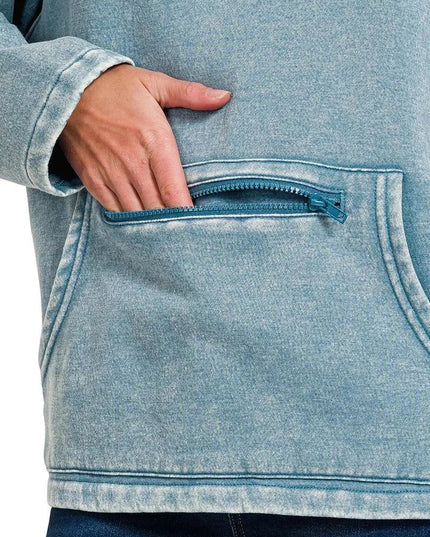 Zenana Fleece Washed High Neck Kangaroo Pocket Sweatshirt - Trendsi