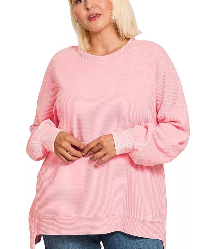 Zenana Full Size Acid Washed Double Ribbed Hi - low Sweatshirt Plus Size - Trendsi