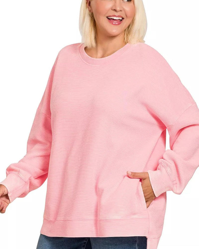 Zenana Full Size Acid Washed Double Ribbed Hi - low Sweatshirt Plus Size - Trendsi