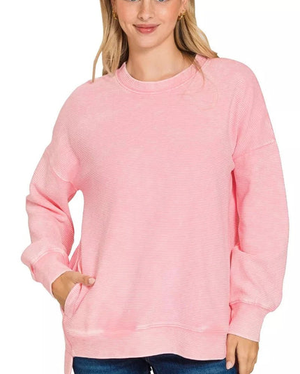 Zenana Full Size Acid Washed Double Ribbed Hi - low Sweatshirt Plus Size - Trendsi