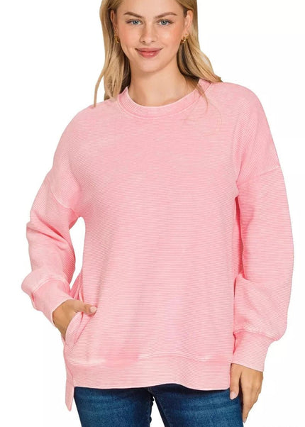 Zenana Full Size Acid Washed Double Ribbed Hi - low Sweatshirt Plus Size - Trendsi