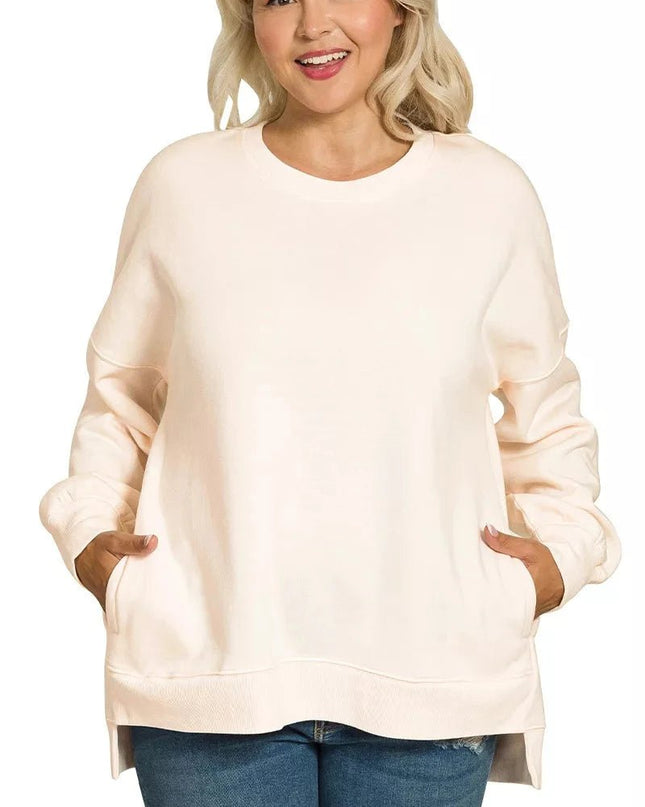 Zenana Full Size Fleece Hi - low Boyfriend Sweatshirts with Pockets Plus Size - Trendsi