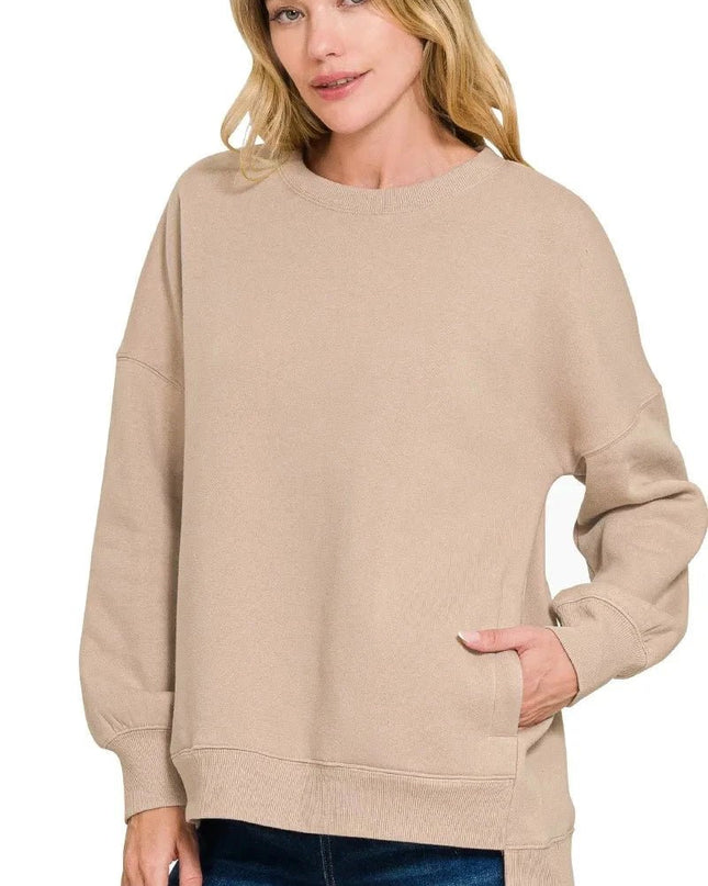 Zenana Full Size Fleece Hi - low Boyfriend Sweatshirts with Pockets Plus Size - Trendsi