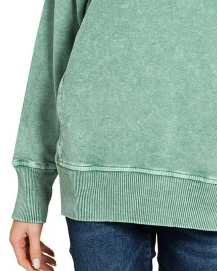 Zenana Halo Snow Washed French Terry Round Neck Sweatshirt - Trendsi