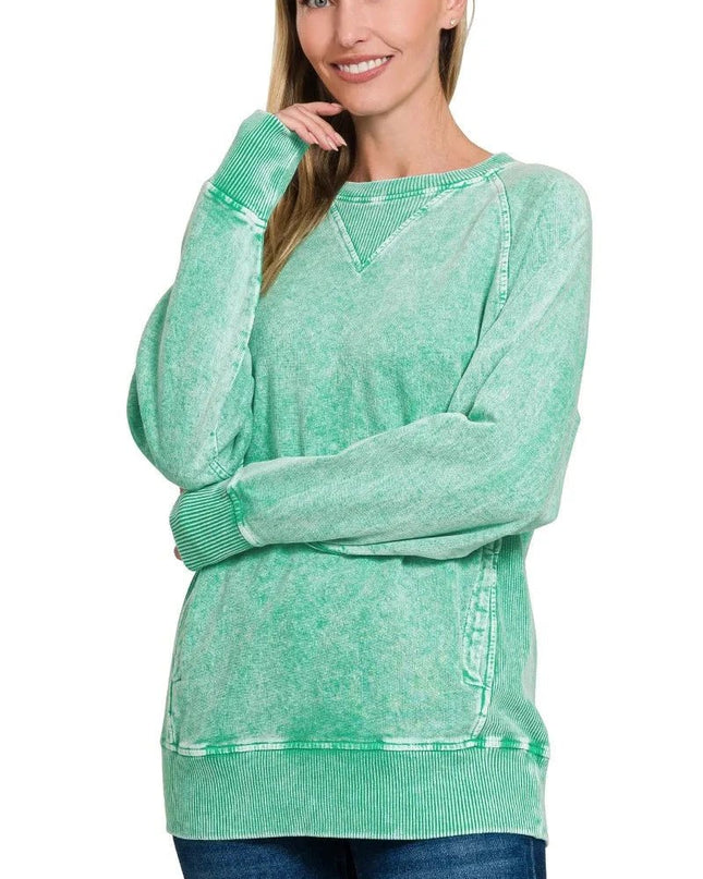 Zenana Halo Snow Washed French Terry Round Neck Sweatshirt - Trendsi