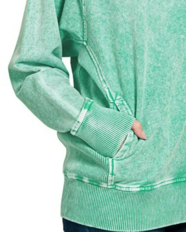 Zenana Halo Snow Washed French Terry Round Neck Sweatshirt - Trendsi