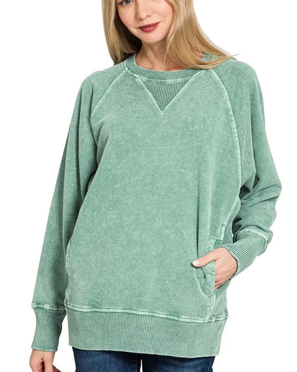 Zenana Halo Snow Washed French Terry Round Neck Sweatshirt - Trendsi
