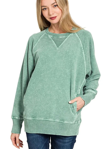 Zenana Halo Snow Washed French Terry Round Neck Sweatshirt - Trendsi