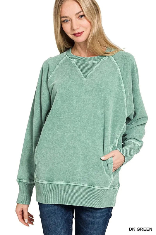 Zenana Halo Snow Washed French Terry Round Neck Sweatshirt - Trendsi