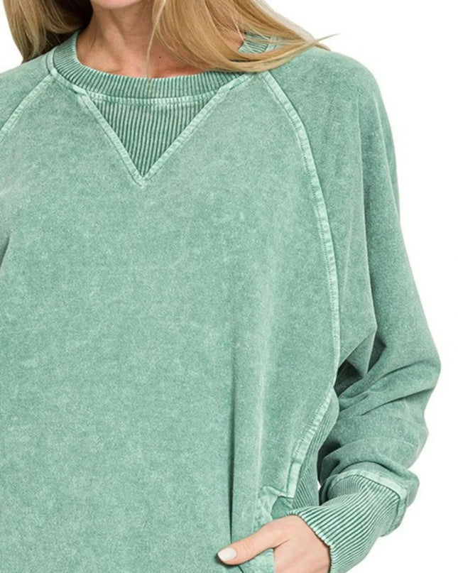 Zenana Halo Snow Washed French Terry Round Neck Sweatshirt - Trendsi