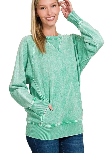 Zenana Halo Snow Washed French Terry Round Neck Sweatshirt - Trendsi