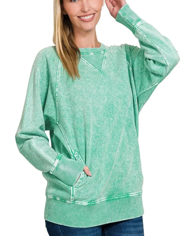 Zenana Halo Snow Washed French Terry Round Neck Sweatshirt - Trendsi