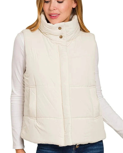 Zenana High Neck Zip - Up Vest Coat - Trendsi