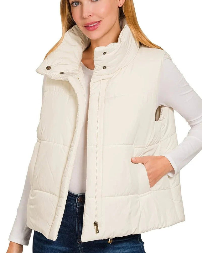 Zenana High Neck Zip - Up Vest Coat - Trendsi