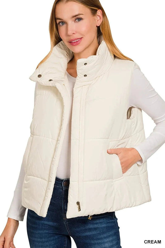 Zenana High Neck Zip - Up Vest Coat - Trendsi