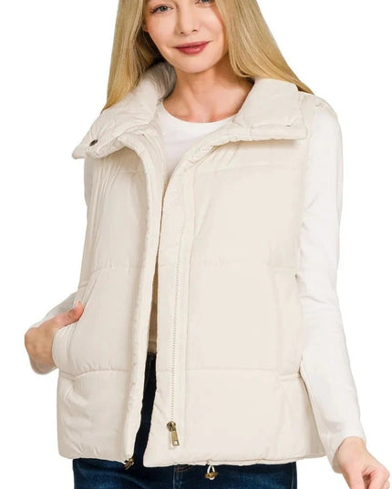 Zenana High Neck Zip - Up Vest Coat - Trendsi