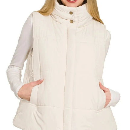 Zenana High Neck Zip - Up Vest Coat - Trendsi
