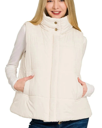 Zenana High Neck Zip - Up Vest Coat - Trendsi