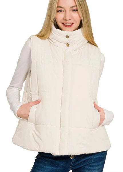Zenana High Neck Zip - Up Vest Coat - Trendsi