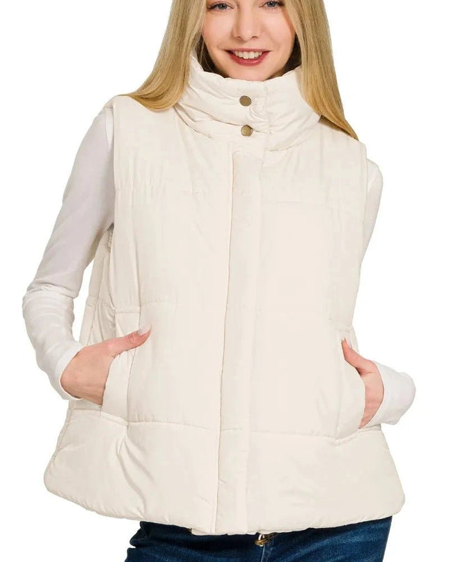 Zenana High Neck Zip - Up Vest Coat - Trendsi