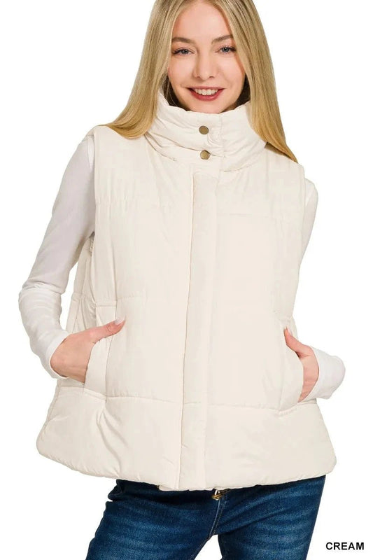 Zenana High Neck Zip - Up Vest Coat - Trendsi