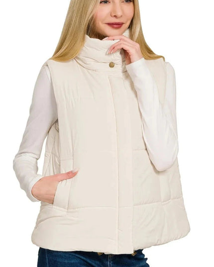 Zenana High Neck Zip - Up Vest Coat - Trendsi