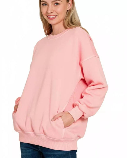 Zenana Pigment Dye Fleece Oversized Sweatshirt - Trendsi