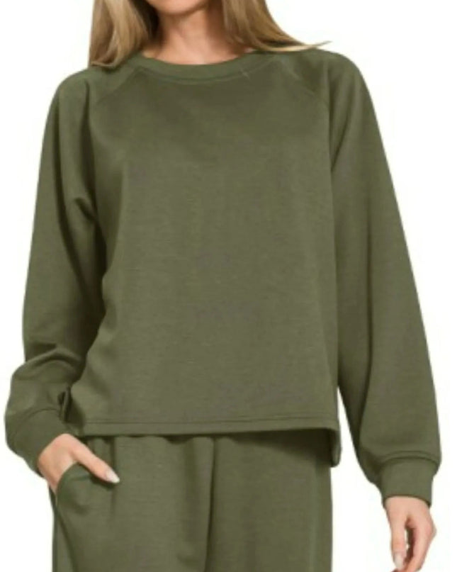 Zenana Scuba Crewneck Sweatshirt and Pants Set - Trendsi