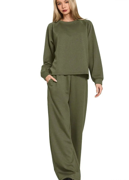 Zenana Scuba Crewneck Sweatshirt and Pants Set