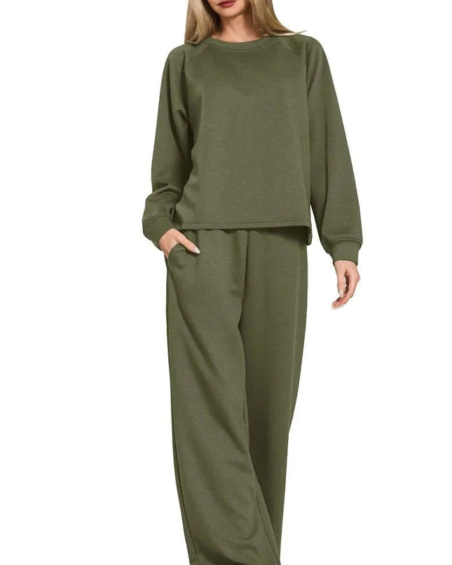 Zenana Scuba Crewneck Sweatshirt and Pants Set - Trendsi